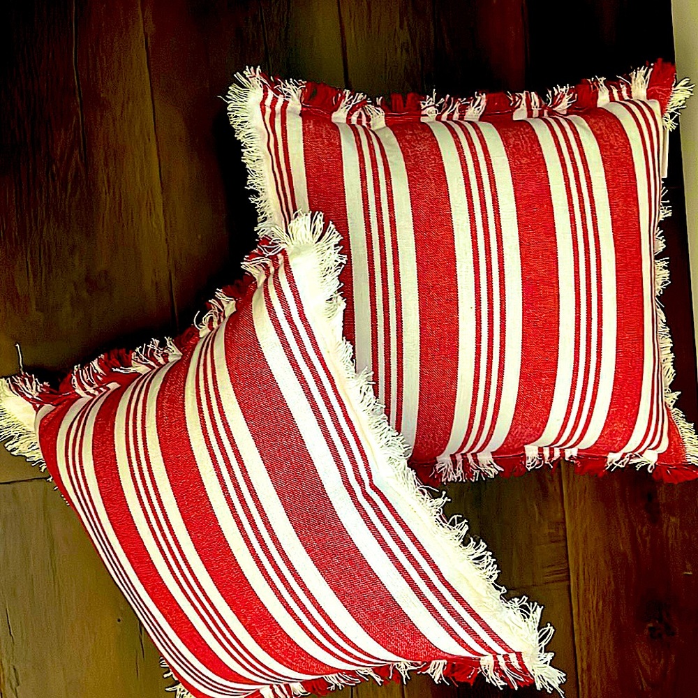 2 pinstriped  small red and white accent pillows